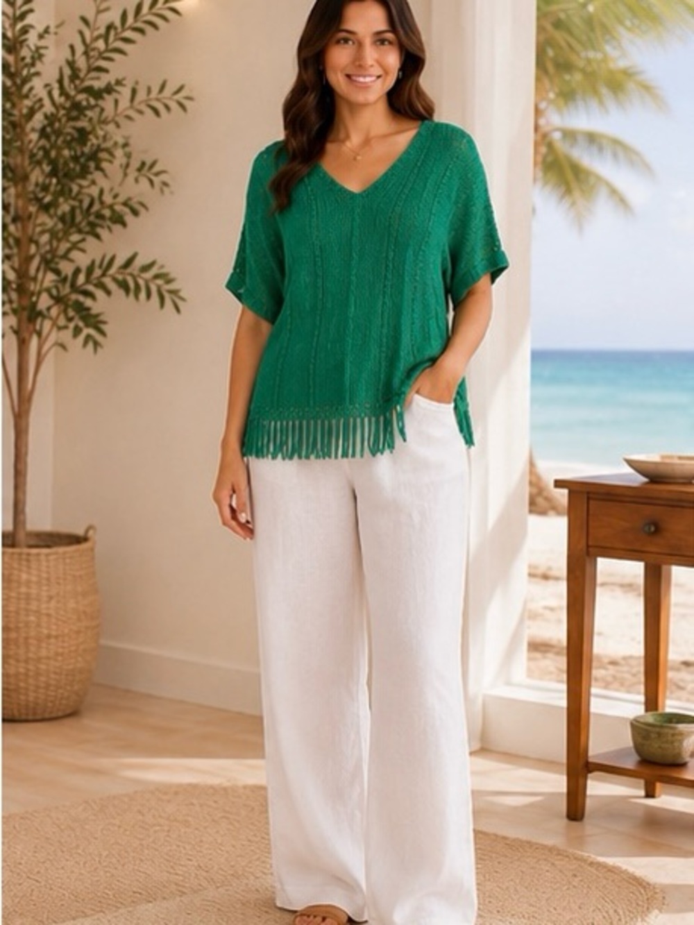 Chico’s Green Fringe Sweater Poncho Size L V Neck Knit Cotton Blend Pullover